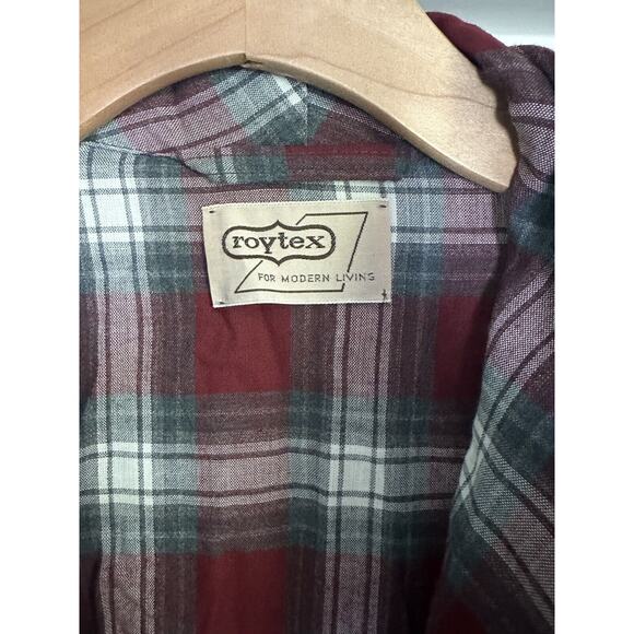 Vintage ROYTEX Robe 60s MODERN Living Maroon Grey Plaid One Size Cotton Light - Picture 3 of 4